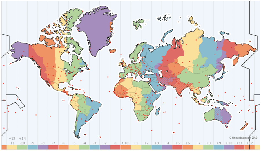 Die verschiedenen Zeitzonen der Welt von timeanddate.com.
