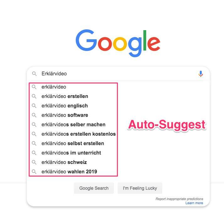 Google Auto Suggest zeigt absteigend nach Suchvolumen verwandte Keywords an