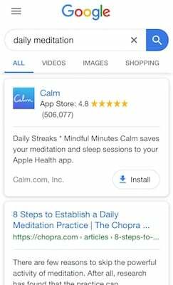 Google-Suchergebnis zeigt “Calm” als App-Vorschlag auf erster Position.