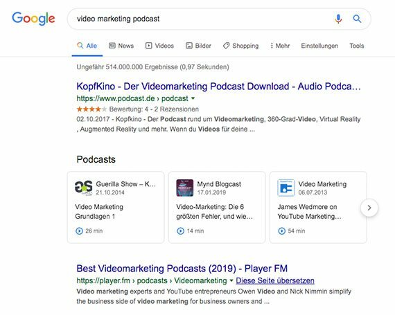 Google Suchergebnisse Podcast Karussell Video Marketing