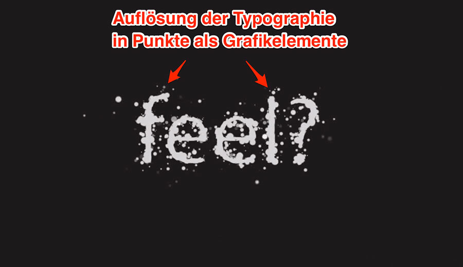 Szenenwechsel durch Auflösung der Typographie in Punkte als Grafikelemente