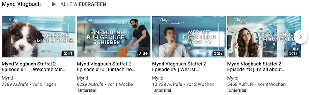 Vorschau von Mynd’s YouTube Channel “Mynd Vlogbuch”.