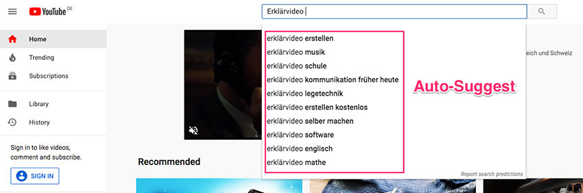 YouTube Auto Suggest zeigt absteigend nach Suchvolumen verwandte Keywords an